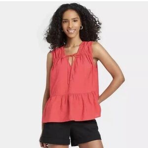 A new Day sleeveless tank top smocked v-neck pleated tie mango berry pink size S